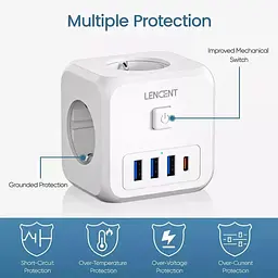 Мережевий фільтр, трійник LENCENT | 3 розетки | 3 USB порта | 1 Type-С | швидка зарядка - мініатюра 7