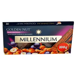 Шоколад молочний Millennium Gold з цілими лісовими горіхами та родзинками 100 г
