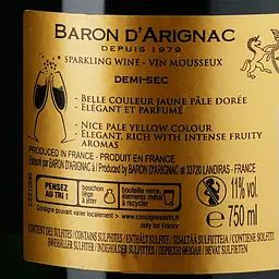 Вино ігристе Baron d'Arignac Demi-Sec, біле, полусухе, 11%, 0,75 л (27763) - мініатюра 3