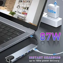 Хаб USB type C HUB 8 in 1 PD100W 4K 30 Гц RJ45 USB 3.0 10 Гб/с - мініатюра 8
