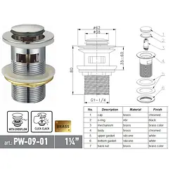 Донний клапан для раковини Koer PW-09-01 з переливом автоматичний Click-Clack 1 1/4″ Хром KR5796 - мініатюра 5