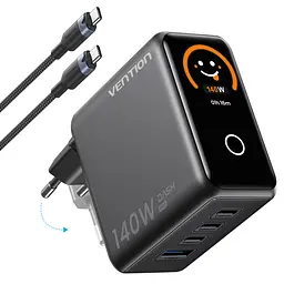 Мережевий GaN зарядний пристрій Vention Dash Pro загальною потужністю до 140 Вт 3 USB-C + 1 USB-A з TFT-дисплеєм сірий (TZ-FCOH0-EU)