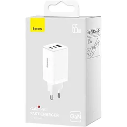 Мережевий зарядний пристрій Baseus GaN5 Pro Fast Charger 2C+U 65W + Cable USB-C White (CCGP120202) [98871] - мініатюра 6