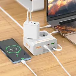 Мережевий зарядний пристрій подовжувач Hoco AC28 USB/3 Type-C PD 45W 2 розетки 2m білий - мініатюра 2