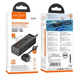 Мережевий зарядний пристрій подовжувач Hoco AC9A 2 USB/Type-C PD QC 30W 1 розетка 1.5m чорний - мініатюра 4