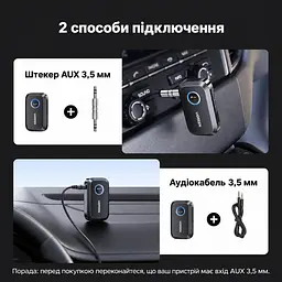 Bluetooth 5.4 аудіоприймач UGREEN CM596 AUX-адаптер вихідний штекер 3,5 мм AUX одночасне підключення двох пристроїв вбудований мікрофон для дзвінків без рук кнопки регулювання гучності DSP для зниження шуму під час дзвінків заряджання через USB-C до 15 год роботи чорний (90748) - мініатюра 3