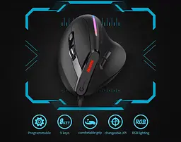Вертикальна миша провідна Zelotes T-50 RGB підсвічуванням - мініатюра 9