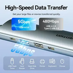 Док-станція USB3.0 Type-C --> HDMI 4K30Hz /USB 3.0/USB 2.0/Type-C 2.0/ PD 100W Hub 5-in-1 Vention - мініатюра 7