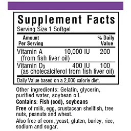 Вітамін А і D3 Bluebonnet Nutrition 10 000 IU / 400 IU 100 желатинових капсул - мініатюра 2