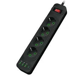 Мережевий фільтр-подовжувач Voltronic F-24U, 4 розетки EU+3xUSB+Type-C, 2 м, 3х0,75 мм, 2500 Вт, чорний - мініатюра 1