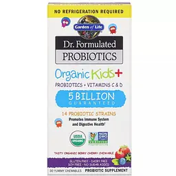 Пробіотики для дітей + Вітаміни C і D Garden of Life Organic Kids+ смачні органічні ягоди і вишня 30 жувальних таблеток