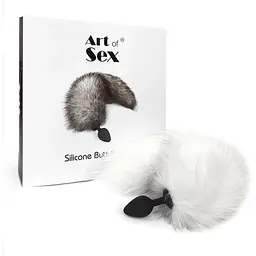 Силіконова анальна пробка з хвостом із натурального хутра Art of Sex size M White fox - мініатюра 5