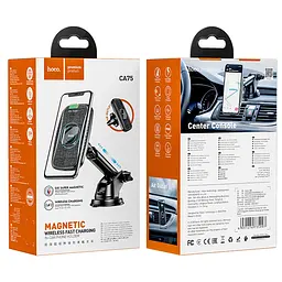 Автотримач із бездротовою зарядкою HOCO CA75 Magnetic 15W / 7.5W / 10W Чорний-карбон PU шкіра - мініатюра 6
