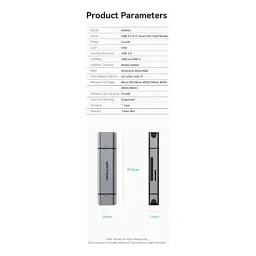 Зчитувач флеш-карт Vention USB 3.0 AM/USB-C to SD+TF Gray Dual Drive Letter Aluminum Alloy (CLLH0) - мініатюра 4