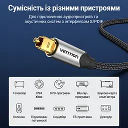 Оптичний аудіокабель Vention 1 м тослінк Toslink штекер на Toslink штекер S/PDIF звук 5.1 за підтримки формату джерелом та аудіосистемою підтримка Dolby DTS PCM бавовняне обплетення сірий (BAVHF) - мініатюра 7