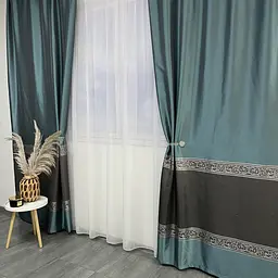 Жакардові штори бірюзового кольору 2шт. 140х270 з білим шифоновим тюлем 400х270, на тасьмі ALBO pbe0052685 - мініатюра 3