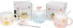 Кружка фарфорова "Funny Rabbits" з кришкою та ложкою Bona Ø8 см kuh0009766 - мініатюра 2