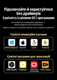 Карта захоплення відео UGREEN UG503 HDMI-вхід і наскрізний HDMI-вихід 4K 60 Гц до ПК через USB-C USB 3.2 Gen 1 5 Гбіт/с потрібні сумісні порт і кабель запис 4K 60 Гц 2K 144 Гц 1080p 120 Гц мікрофонний вхід і вихід навушників 3,5 мм Windows macOS Linux Android OBS Studio PotPlayer без драйверів RGB24 без стиснення у 1080p 60 Гц силіконова основа у комплекті USB-C ↔ USB-C з адаптером USB-A 0,5 м та HDMI ↔ HDMI 1,5 м лавандово-фіолетова (95419) - мініатюра 7