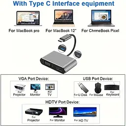 Концентратор Type-C 4 в 1, адаптер type-c 3.0 до 4K HDMI HDTV, VGA USB 3.0 PD, розгалужувач швидкої зарядки  - мініатюра 5