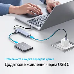 USB-хаб UGREEN CM219 концентратор з підключенням USB-C на 4 порти USB-A 3.0 передавання даних до 5 Гбіт/с з портом USB-C лише для додаткового живлення периферії для енергоємної периферії потрібен зарядний пристрій із підключенням до порту живлення USB-C Plug & Play для Windows macOS Linux для Android-пристроїв із USB-C та підтримкою OTG із захистом від перенапруги надструму та короткого замикання зі світлодіодним індикатором із вбудованим кабелем 0,15 м космічний сірий (70336) - мініатюра 3