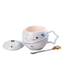 Чашка керамічна Happy Life Space Walk з кришкою та ложкою блакитна 400 мл HP8226BL - мініатюра 2