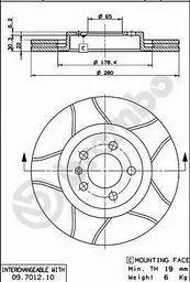 Диск гальмівний вентильований VW Bora, Golf IV, New Beetle, Fox 96-21р Brembo (09.7012.75) - мініатюра 2