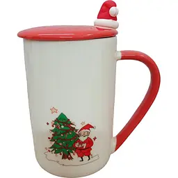 Кружка новорічна Olens 8030-293 Різдвяна втіха з кришкою та ложкою кераміка 430мл Біла