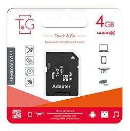 Карта пам'яті MicroSDHC 4GB Class 10 T&G + SD-adapter (TG-4GBSDCL10-01) - мініатюра 2
