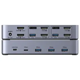 HDMI KVM-перемикач UGREEN AK703 2 ПК і 2 монітори до 8K 60 Гц входи кожного ПК 2 HDMI та USB-A для периферії 3 USB-A та 1 USB-C USB 3.0 до 5 Гбіт/с (85100)