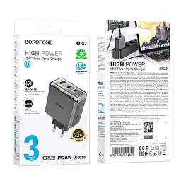 Мережевий зарядний пристрій BOROFONE BN22 Lena PD65W(2C1A) charger(EU) Metal Gray (6941991114601) - мініатюра 7