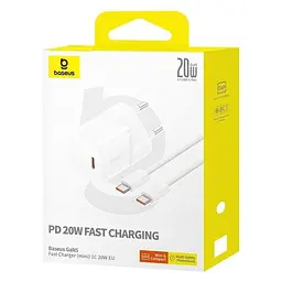 МЗП Baseus GaN5 Fast Charger (mini) PD20W (1USB-C) + кабель Type-C to Type-C (P10110900113) Moon White - мініатюра 6