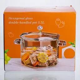 Каструля скляна Yiwu HP-34-41 шестигранна 3.5 л з кришталевою ручкою для варіння та тушкування - мініатюра 6
