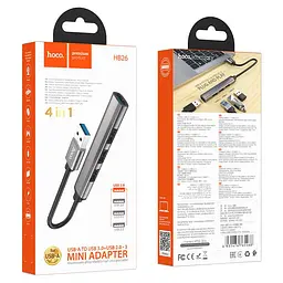 Usb-хаб Hoco HB26 4 in 1 adapter (Usb to Usb3.0+Usb2.0x3) Темно-сірий - мініатюра 3