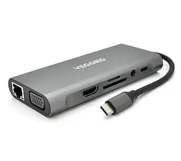 Хаб-конвертор VEGGIEG TC11-S Type-C на Type-C+USB3.0 4+HDMI+jack3.5+SD/TF+RJ45 - мініатюра 1