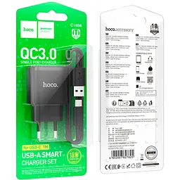 Зарядний пристрій HOCO C140A Smart USB QC 3.0 + кабель USB-A — USB-C чорний (6942007627825) - мініатюра 2
