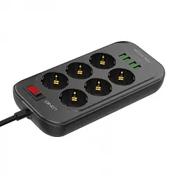 Мережевий фільтр подовжувач 6 розеток з 4 USB 2м із захистом та заземленням чорний LDNIO SE 6403 2500W 10A