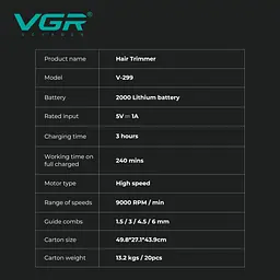 Тример акумуляторний для стрижки волосся VGR V-299, 4 насадки, 9000 об/хв, LED дисплей, синій - мініатюра 8