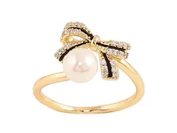 Каблучка XUPING Позолота 14K "Бант з кристалами, чорною емаллю та перлиною" 11199 р.16-17