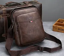 Сумка чоловіча через плече планшет Jeep з ручкою Темно коричнева (1279Т) - мініатюра 2