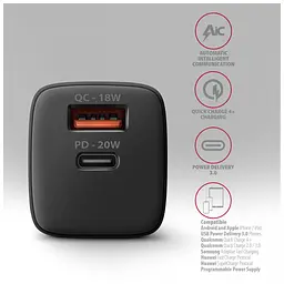 Зарядний пристрій AXAGON 1xUSB QC3.0 + 1xUSB-C PD20W black (ACU-PQ20) - мініатюра 6