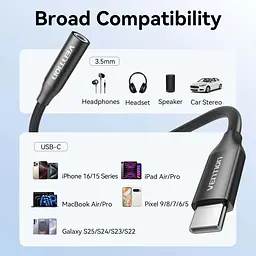 Перехідник USB-C аудіо Jack 3.5мм, Aluminum Alloy, чорний Vention - мініатюра 8