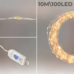 Гірлянда роса 10 метрів гірлянди капля роси з режимами Niki Light 100 лед гірлянда юсб на пульті теплий білий - мініатюра 5
