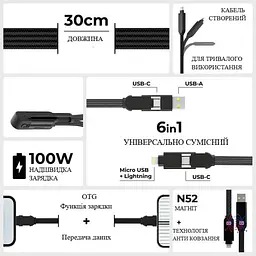 Кабель Rolling Square 6in1, inCharge XL 30 см, чорний (XLS01R) - мініатюра 2