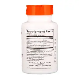 Амінокислота Doctor's Best Лютеїн, Lutein with Lutemax 20 мг, 60 желатинових капсул (DRB00369) - мініатюра 2