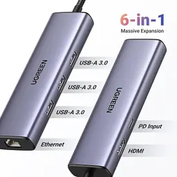 Концентратор Ugreen USB-C 6-in-1 3xUSB 3.0 + HDMI 4K@30Hz + RJ45 1000Mbps + PD silver (15598) - мініатюра 3