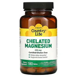 Магній у хелатній формі Country Life Chelated Magnesium 250 mg, 180 таблеток для розслаблення м'язів і здоров'я кісток
