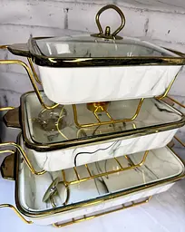 Набір з 3-х мармітів керамічних прямокутних Kitchen з кришкамискла Біло Золотий - мініатюра 4