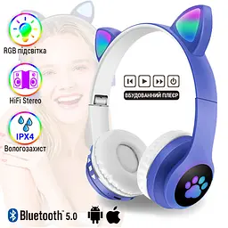 Повнорозмірні навушники бездротові No Brand Cat Headset M23 Bluetooth з RGB підсвічуванням та котячими вушками Blue - мініатюра 2