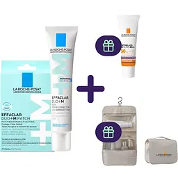 Набір La Roche-Posay: коригувальний засіб комплексної дії Effaclar Duo+M 40 мл + гідроколоїдні мультифункціональні патчі Effaclar Duo+ M Patch 22 шт. + сонцезахисний корегуючий флюїд проти гіперпігментації шкіри SPF50+ 3 мл + косметичка-органайзер Anthelios
