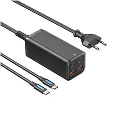 Мережевий зарядний пристрій з кабелем Vention 4-Port USB (C + C + A + A) GaN Charger (100W/100W/18W/18W) EU-Plug чорний